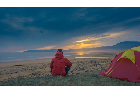 Veiga Grétarsdóttir camping off the coast of Iceland in Against the Current, a film by Óskar Páll Sveinsson. A Zeitgeist Films release in association with Kino Lorber.