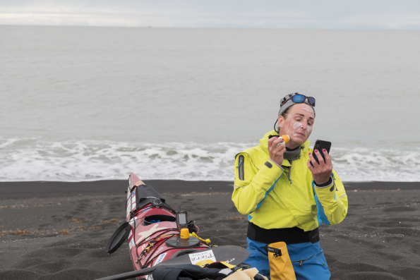 Veiga Grétarsdóttir preparing to kayak around the coast of Iceland in Against the Current, a film by Óskar Páll Sveinsson. A Zeitgeist Films release in association with Kino Lorber.