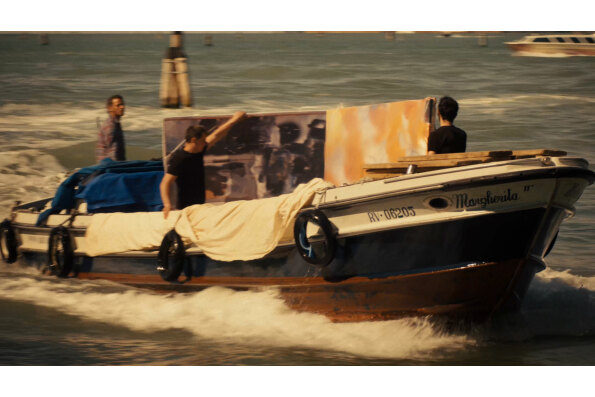 Recreation of the 1964 transport of Robert Rauschenberg’s work in Venice canals for exhibition at the Venice Biennale, as seen in TAKING VENICE, a film by Amei Wallach. A Zeitgeist Films release in association with Kino Lorber. 