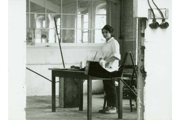 Eva Hesse in Textile Factory Studio, Kettwig Germany 1964. Photographer unknown. Eva Hesse. A film by Marcie Begleiter. A Zeitgeist Films release.
