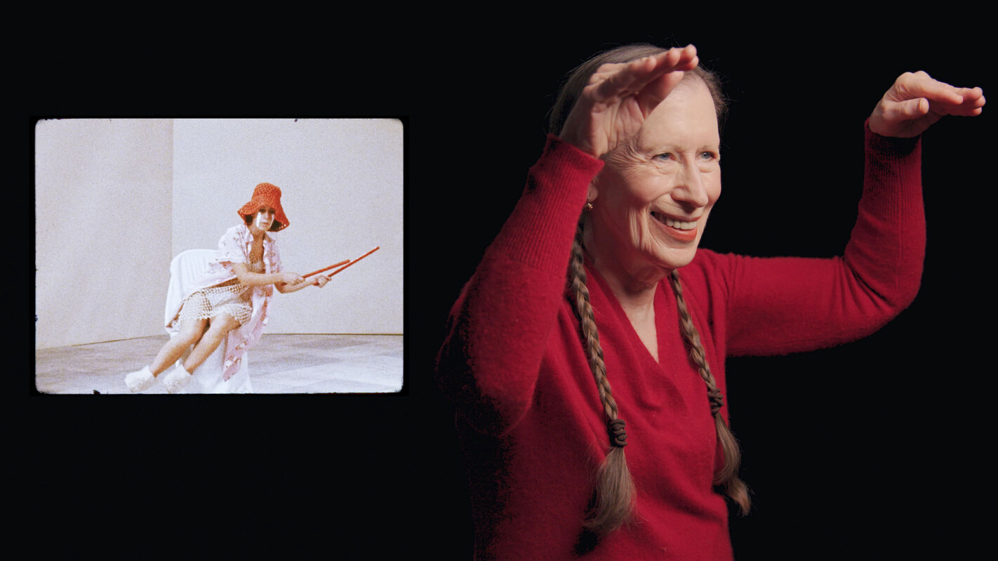 Meredith Monk talks about music and movement, with a frame from “16 Millimeter Earrings” screen left. 